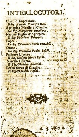 Cast dal libretto originale di AGRIPPINA di Handel