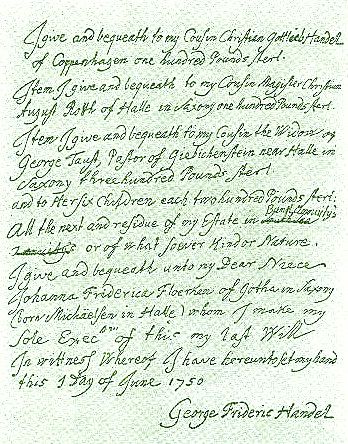 Pagina del testamento di Handel 