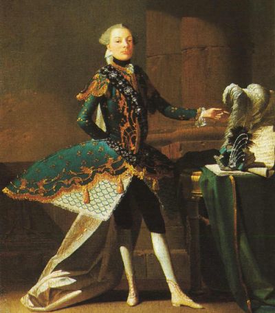 Carlo Scalzi nelle vesti di Sirbace nell'opera Rosbale di Porpora, ritatto da Charles Joseph Flipart, Venezia 1738