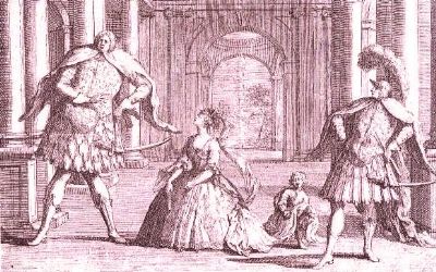 da sinistra, Senesino con Cuzzoni e Baerenstadt nel FLAVIO, caricatura di W. Hogart