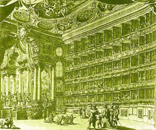 Interno Teatro Filarmonico di Verona per LA FIDA NINFA di Vivaldi, 1732