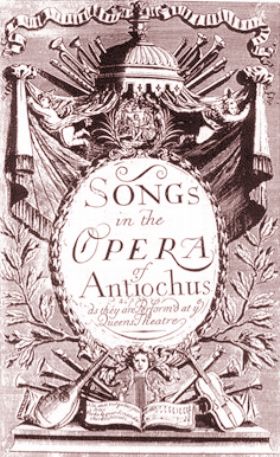 Frontespizio dell'Opera Antioco (A. Zeno e P. Pariati), musicata da Gasparini
