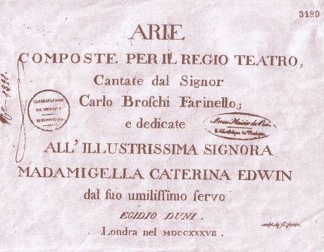 Arie di Duni scritte per Farinelli, pubblicate a Londra nel 1737