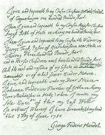 Pagina del testamento di Handel