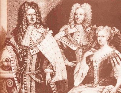 Il Re Giorgio I, a sinistra, con il figlio Principe di Galles e la consorte Principessa  Carolina